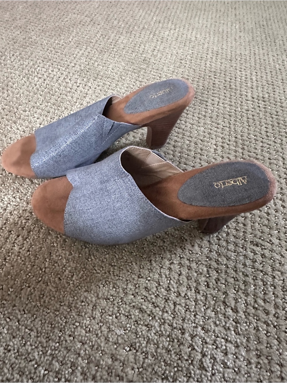Alberto Blue Open-Toe Slide Heels with Brown Footbed